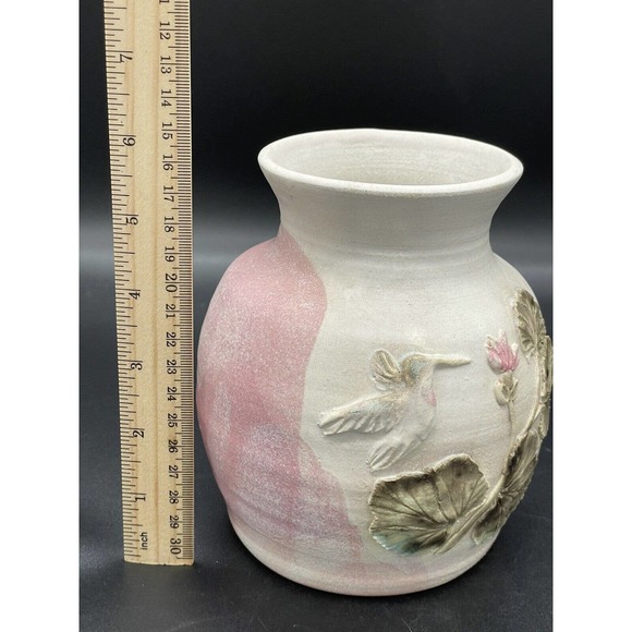 Hummingbird Art Pottery Vase Signed With Raised Floral Relief Design Signed - Picture 8 of 10